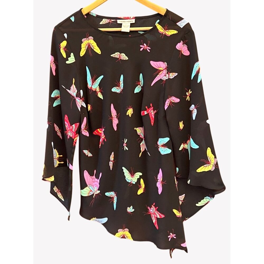 Y2K Michele Michelle Black Butterfly Print Blouse Large Sheer Festival Boho